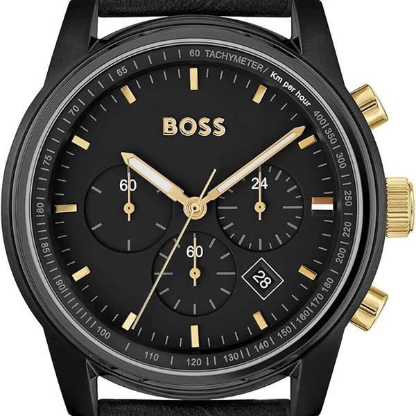 Hugo Boss Trace Chronograph Black Dial Black Leather Strap Watch for Men - 1514003