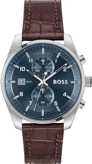 Hugo Boss Skytraveller Chronograph Blue Dial Brown Leather Strap Watch for Men - 1514194