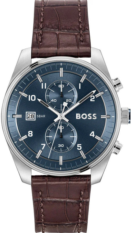 Hugo Boss Skytraveller Chronograph Blue Dial Brown Leather Strap Watch for Men - 1514194