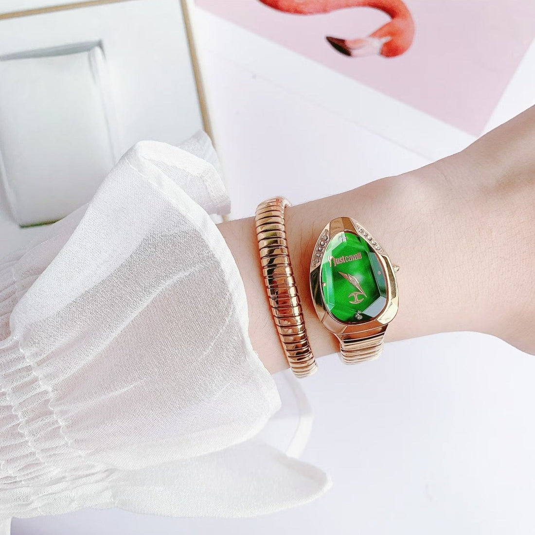 Just Cavalli Serpente Metallica Green Dial Rose Gold Steel Strap Watch for Women - JC1L208M0055