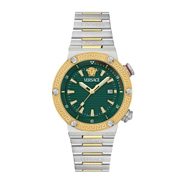 Versace Greca Logo Diver Quartz Green Dial Two Tone Steel Strap Watch for Men - VE8G00524
