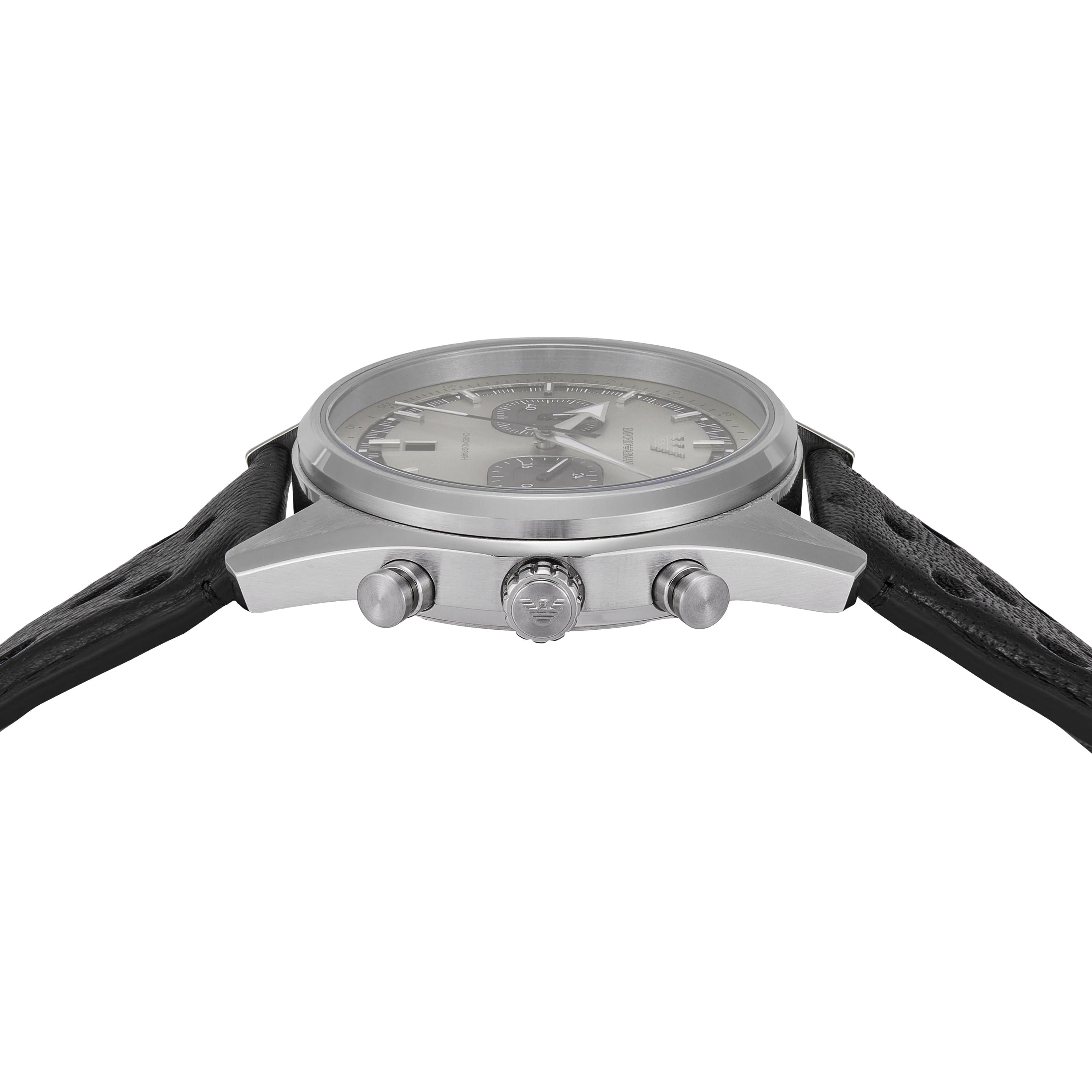 Emporio Armani Racer Chronograph Silver Dial Black Leather Strap Watch for Men - AR11677