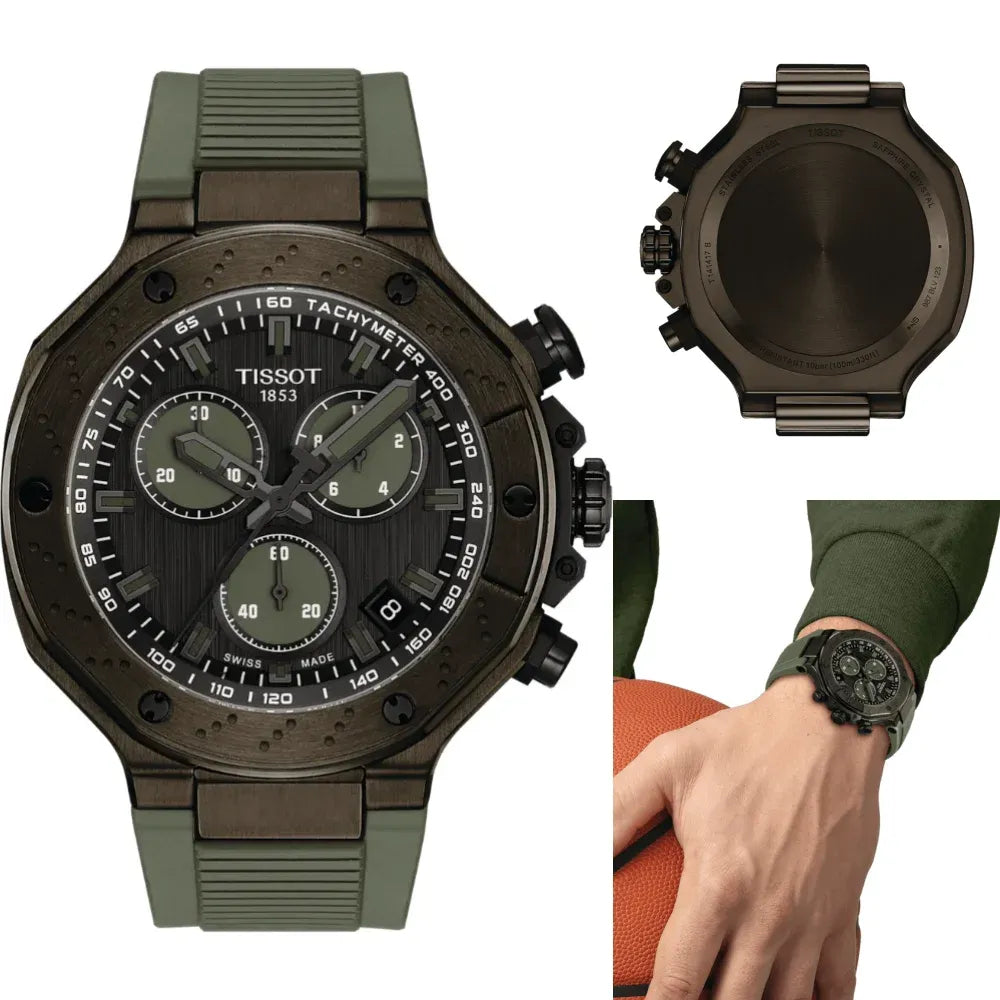 Tissot T Race Chronograph Black Dial Green Rubber Strap Watch for Men - T141.417.37.061.02