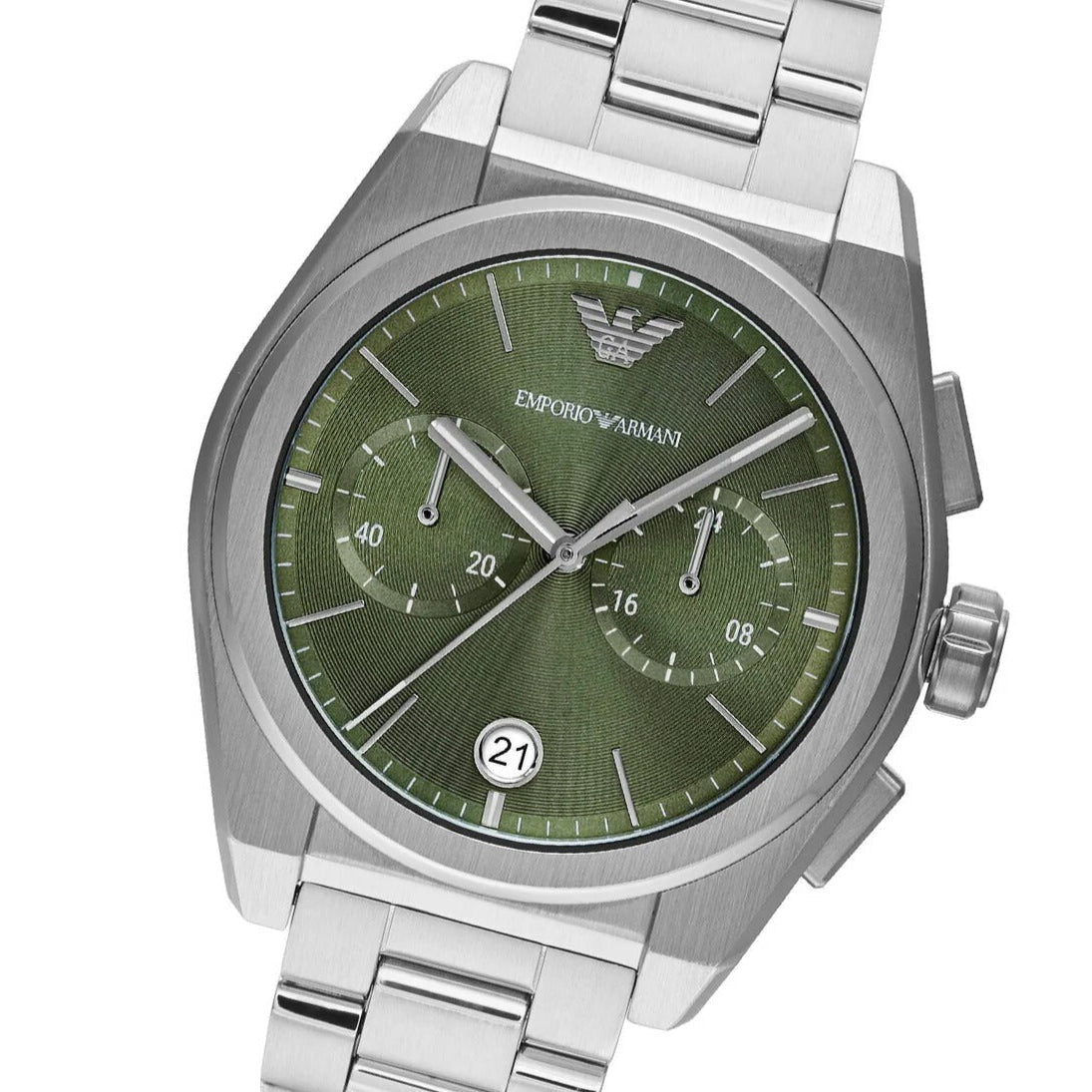 Emporio Armani Federico Chronograph Green Dial Silver Steel Strap Watch for Men - AR11640