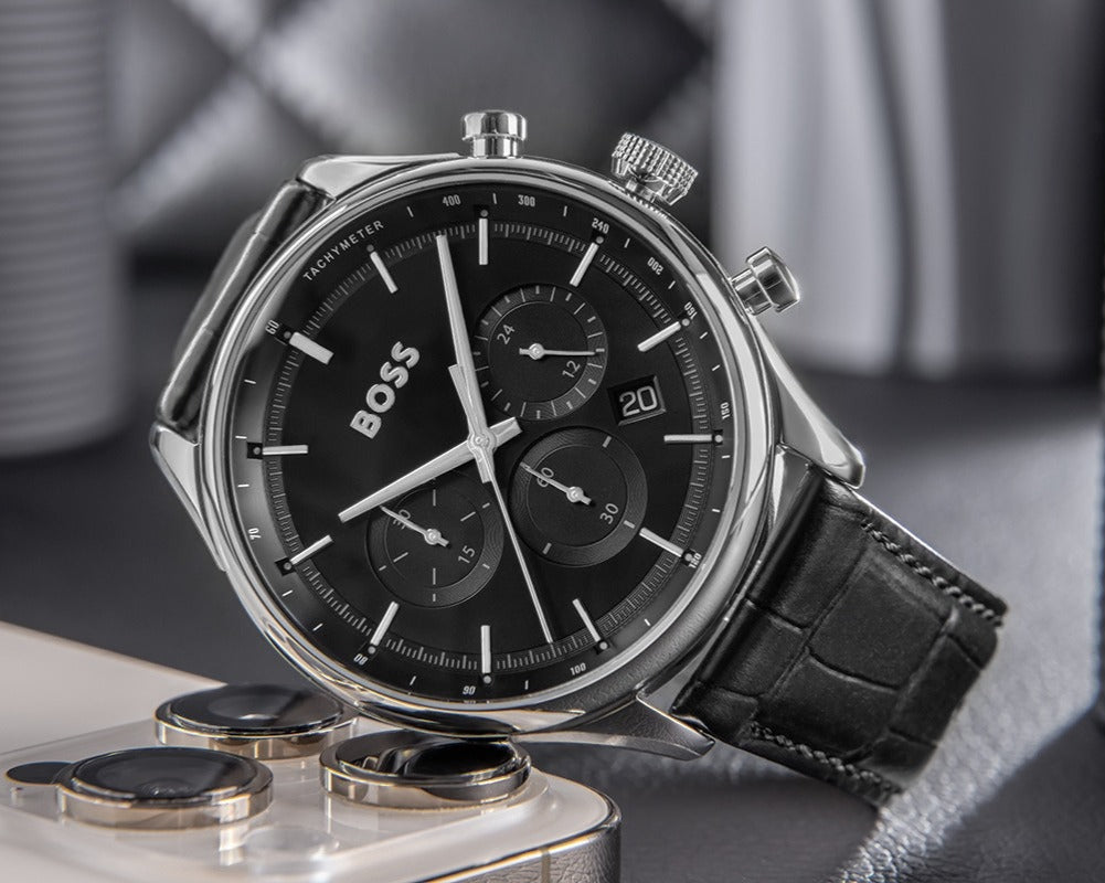 Hugo Boss Gregor Chronograph Black Dial Black Leather Strap Watch for Men - 1514049