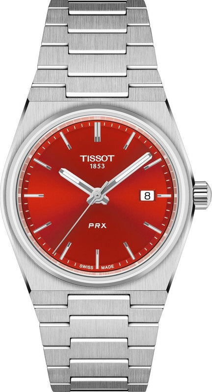 Tissot PRX Quartz Red Dial Silver Steel Strap Watch for Women - T137.210.11.421.00