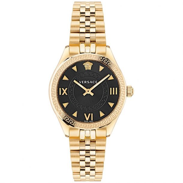 Versace Hellenyium Quartz Black Dial Gold Steel Strap Watch for Women - VE2S00622