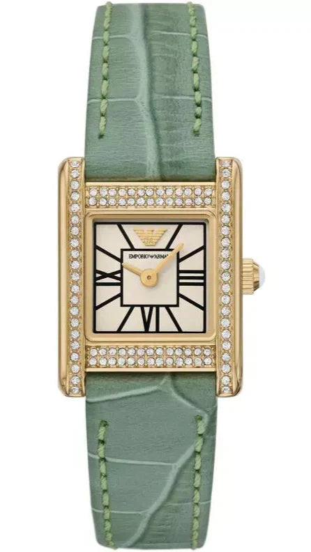 Emporio Armani Classic White Dial Green Leather Strap Watch for Women - AR11661
