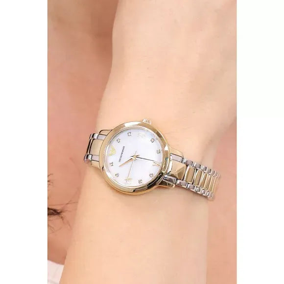 Emporio Armani Cleo Three Hand Mother of Pearl Dial Two Tone Steel Strap Watch for Women - AR11513
