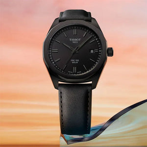 Tissot PRC 100 Solar Quartz Black Dial Black Leather Strap Watch for Men - T151.422.36.051.00