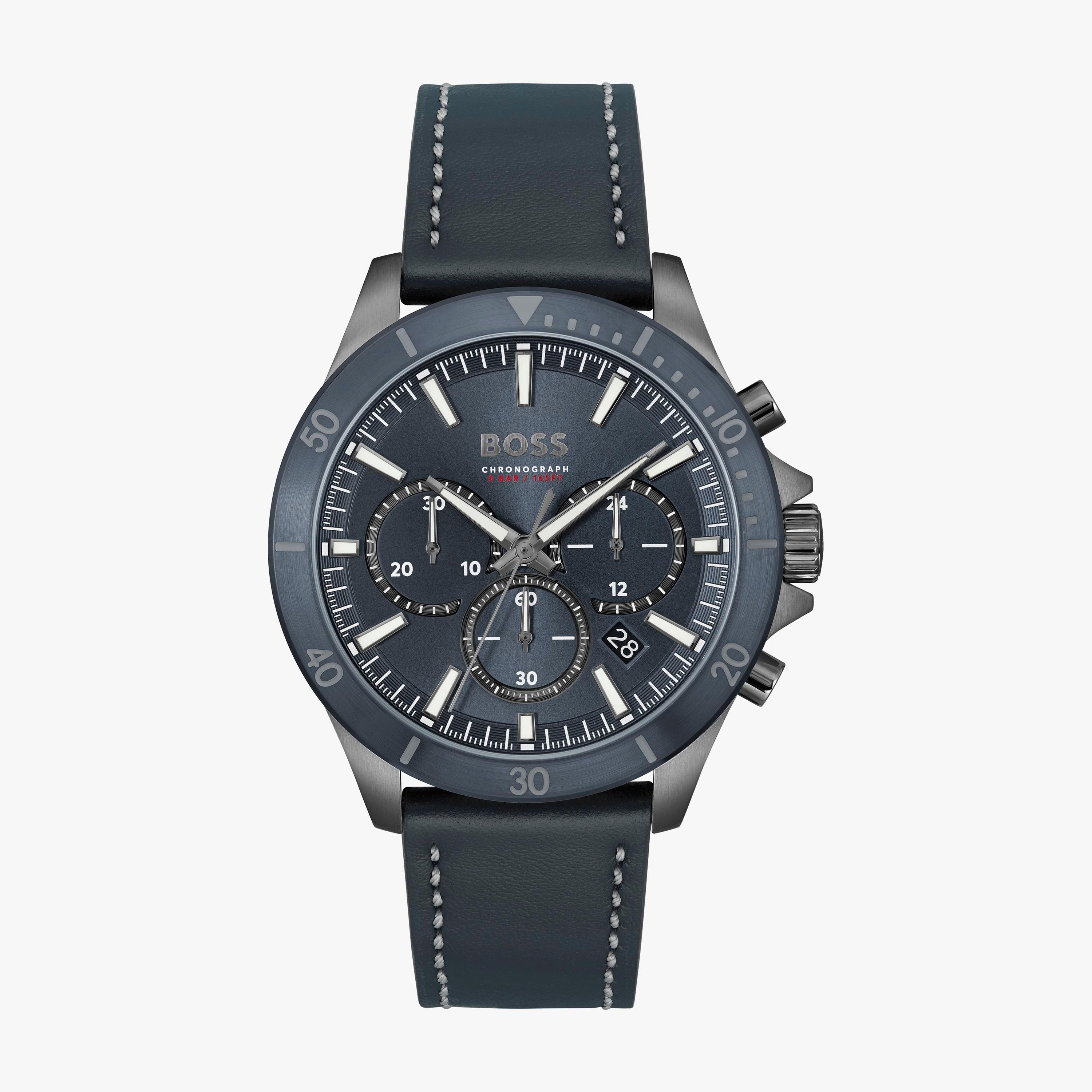 Hugo Boss Troper Chronograph Blue Dial Blue Leather Strap Watch for Men - 1514056