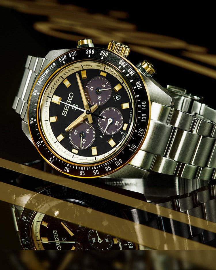 Seiko Prospex Speedtimer Solar Chronograph Black Dial Silver Steel Strap Watch for Men - SSC941