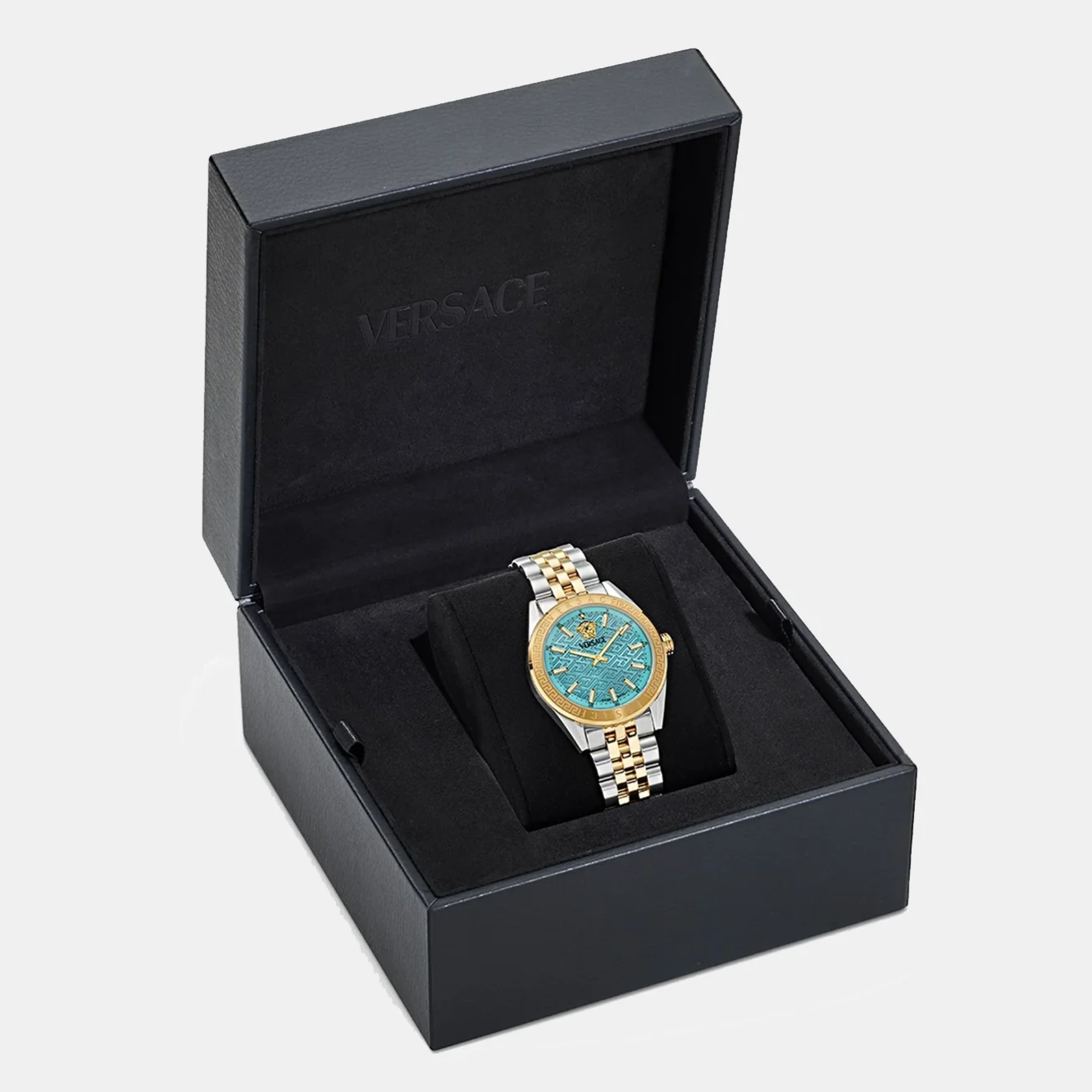 Versace V-Code Analog Turquoise Dial Two Tone Steel Strap Watch for Women - VE8I00524