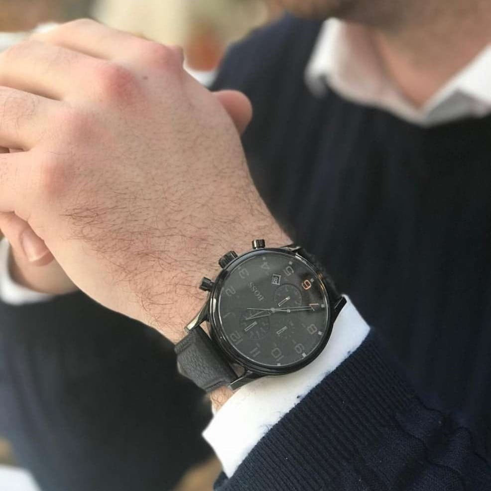 Hugo Boss Aeroliner Chronograph Black Dial Black Leather Strap Watch for Men - 1512567