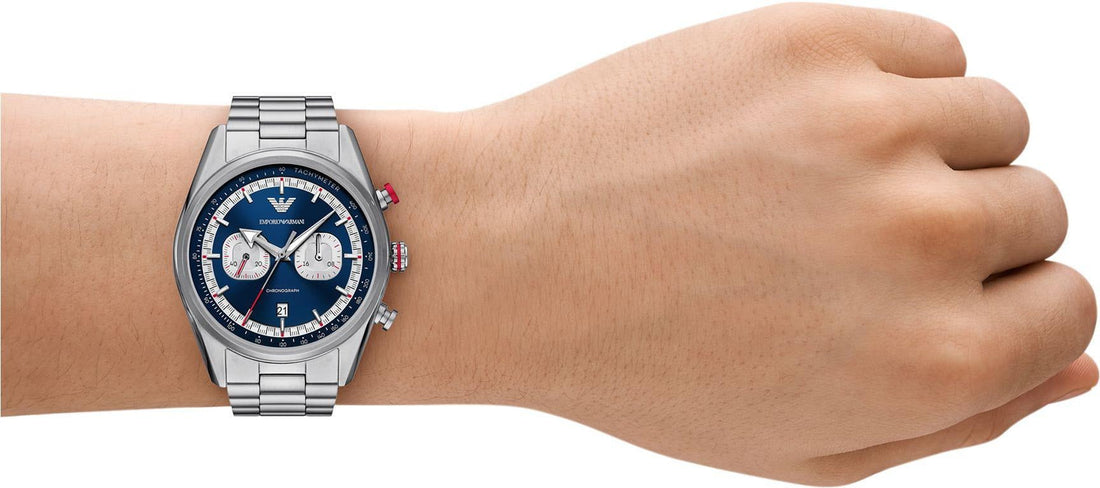 Emporio Armani Racer Chronograph Blue Dial Silver Steel Strap Watch for Men - AR11676