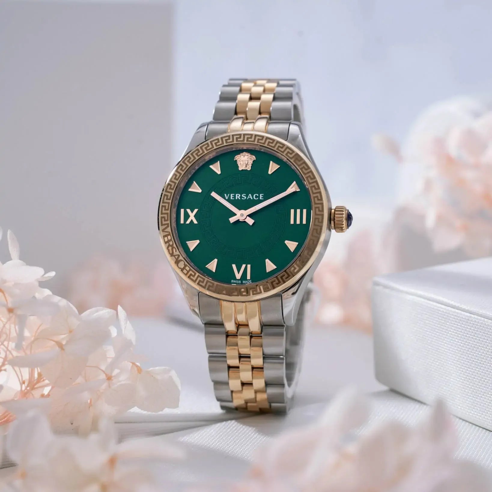Versace Hellenyium Quartz Green Dial Two Tone Steel Strap Watch for Women - VE2S00422