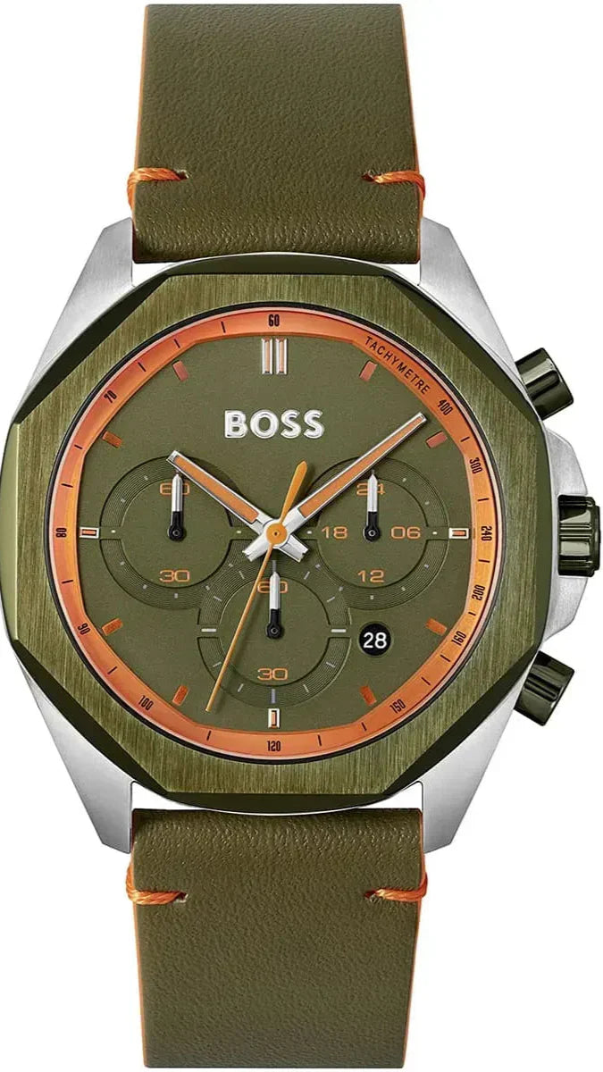 Hugo Boss Cloud Chronograph Olive Green Dial Green Leather Strap Watch for Men - 1514018