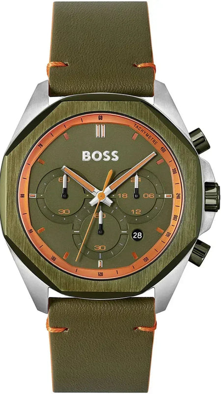 Hugo Boss Cloud Chronograph Olive Green Dial Green Leather Strap Watch for Men - 1514018