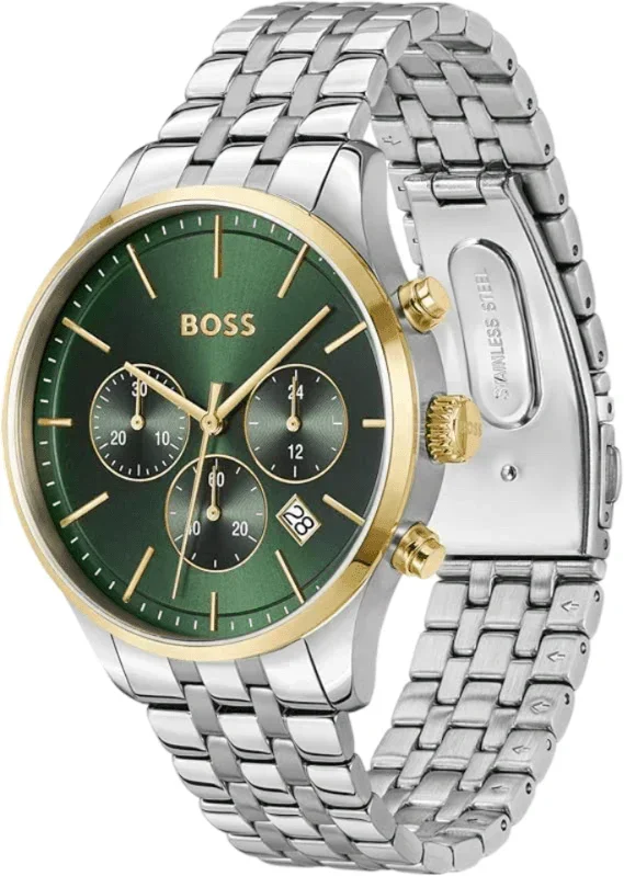 Hugo Boss Avery Chronograph Green Dial Silver Steel Strap Watch for Men - 1514159