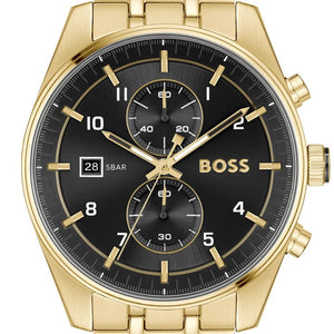 Hugo Boss Skytraveller Chronograph Black Dial Gold Steel Strap Watch for Men - 1514152