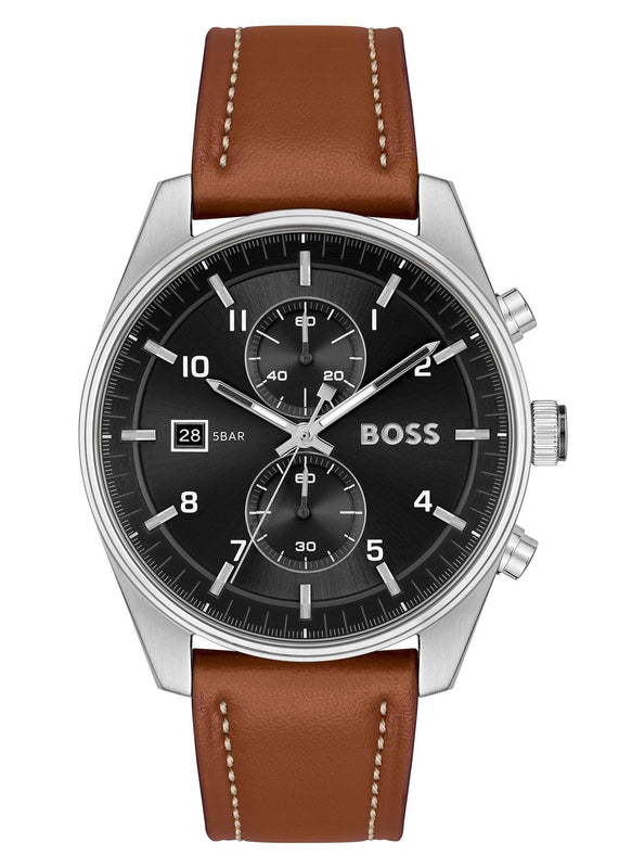 Hugo Boss Skytraveller Chronograph Black Dial Blue Leather Strap Watch for Men - 1514161