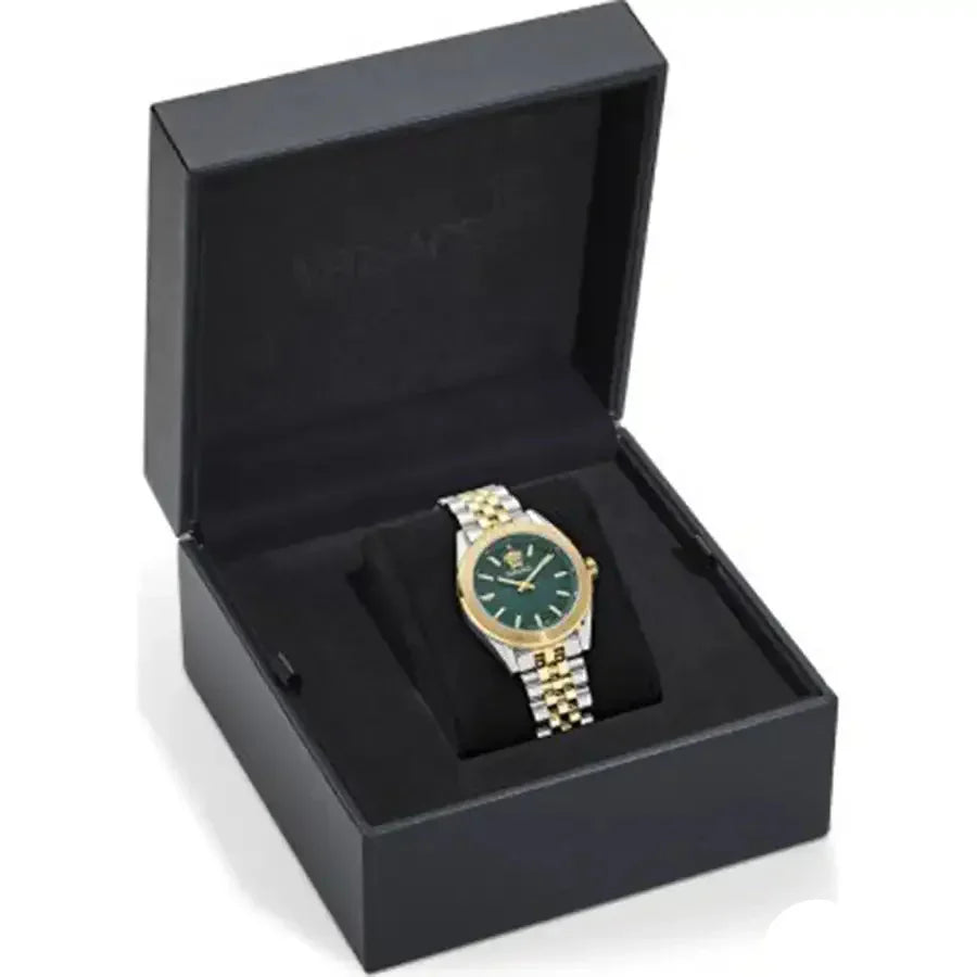 Versace V-Code Analog Green Dial Two Tone Steel Strap Watch for Women - VE8I00424