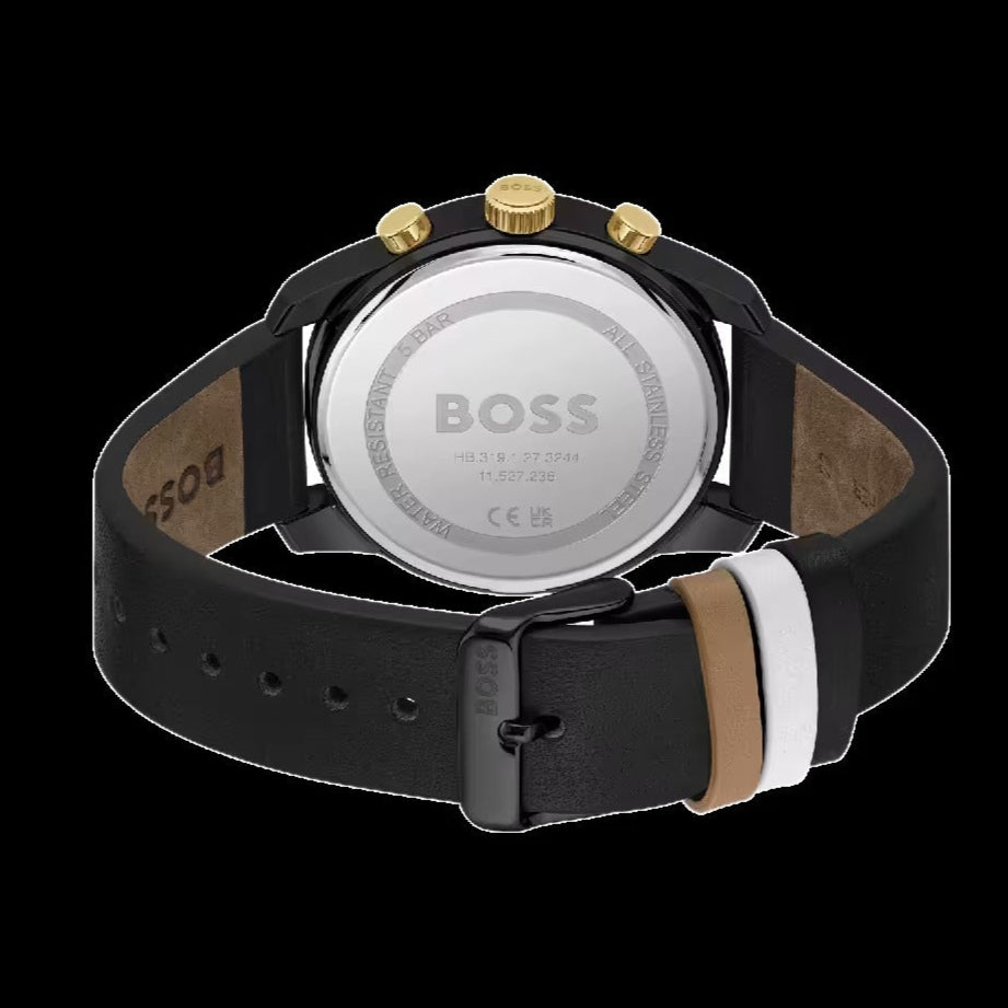 Hugo Boss Trace Chronograph Black Dial Black Leather Strap Watch for Men - 1514003