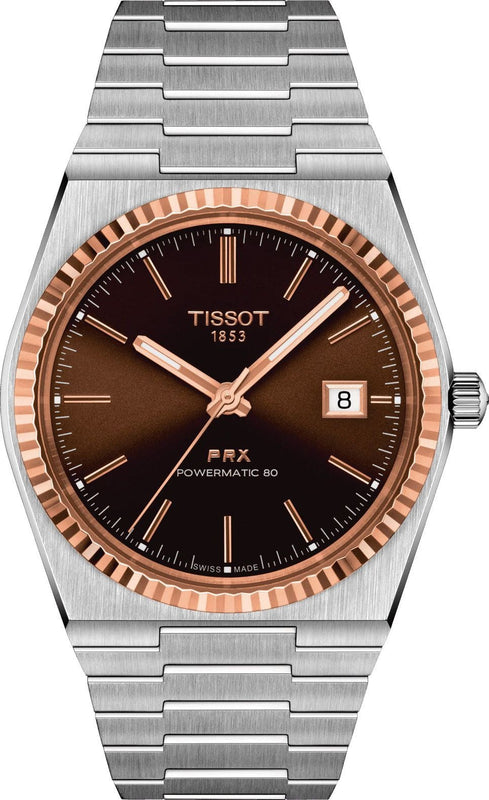 Tissot PRX Powermatic 80 18K Gold Brown Dial Silver Steel Strap Watch for Men - T931.407.41.291.00