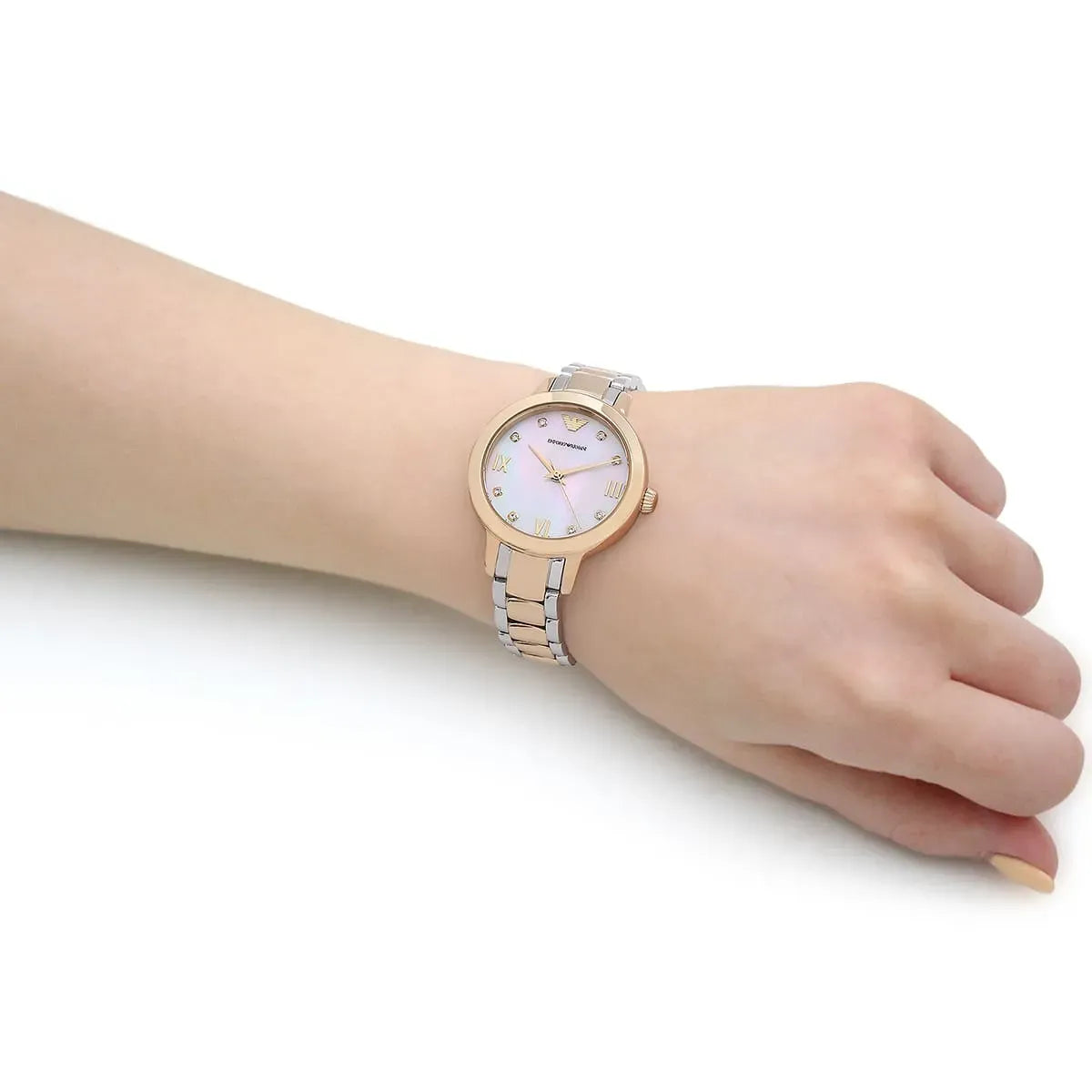 Emporio Armani Cleo Three Hand Mother of Pearl Dial Two Tone Steel Strap Watch for Women - AR11513