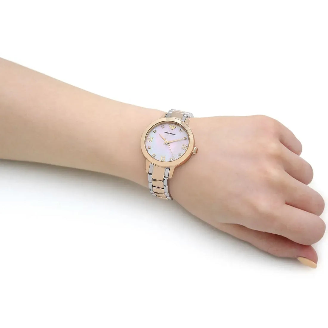 Emporio Armani Cleo Three Hand Mother of Pearl Dial Two Tone Steel Strap Watch for Women - AR11513