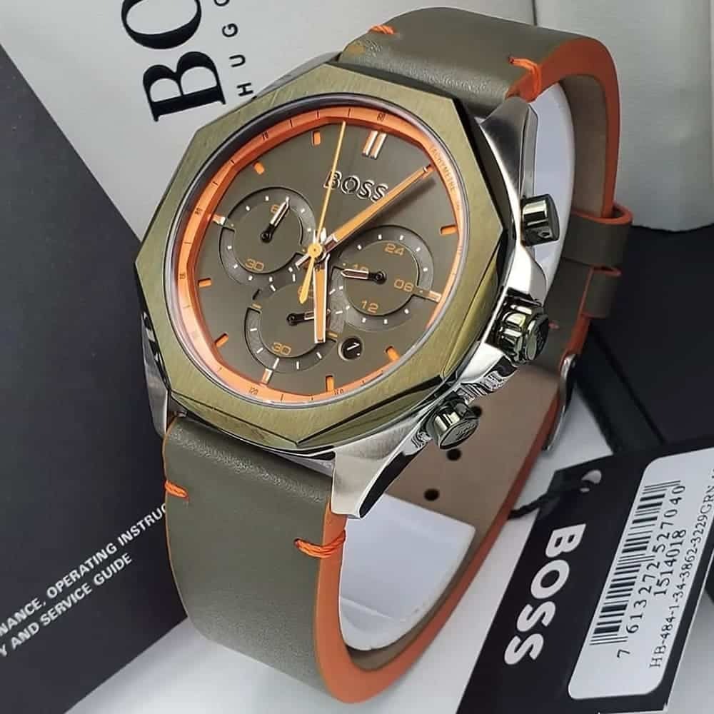 Hugo Boss Cloud Chronograph Olive Green Dial Green Leather Strap Watch for Men - 1514018