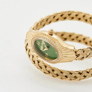 Just Cavalli Twined Green Dial Gold Steel Strap Watch for Women - JC1L305M0035