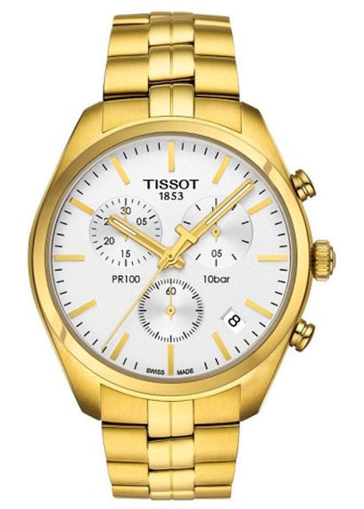 Tissot PR 100 Chronograph White Dial Gold Steel Strap Watch for Men - T150.417.33.031.00