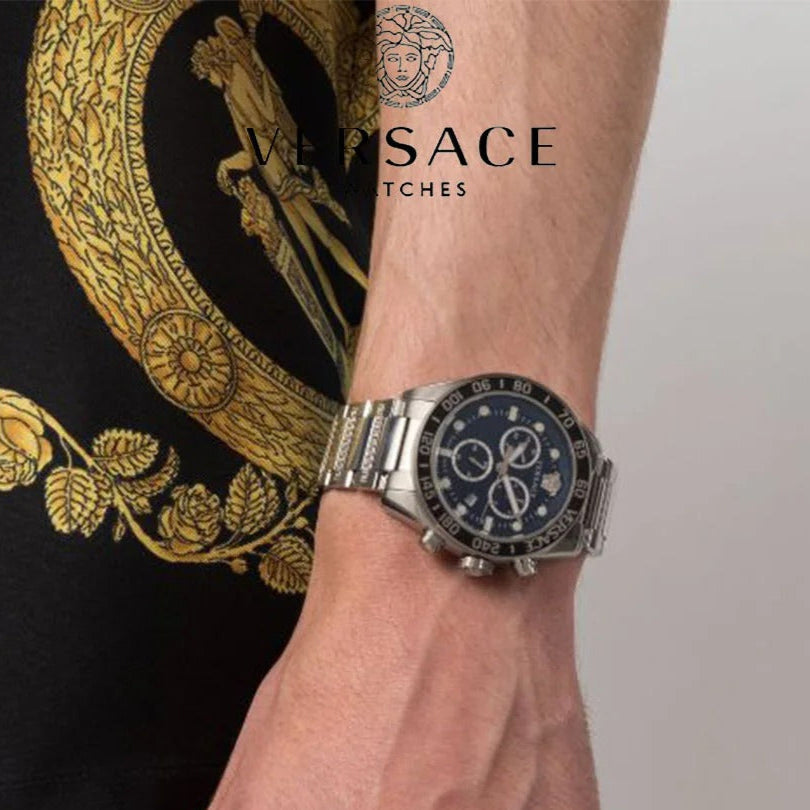 Versace Greca Dome Chronograph Blue Dial Silver Steel Strap Watch for Men - VE6K00323