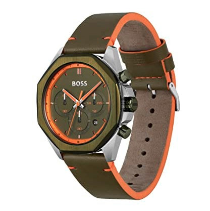 Hugo Boss Cloud Chronograph Olive Green Dial Green Leather Strap Watch for Men - 1514018