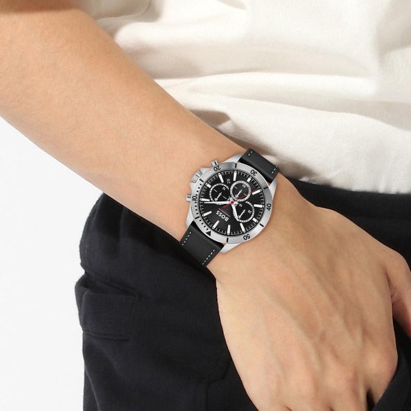Hugo Boss Troper Chronograph Black Dial Black Leather Strap Watch for Men - 1514055