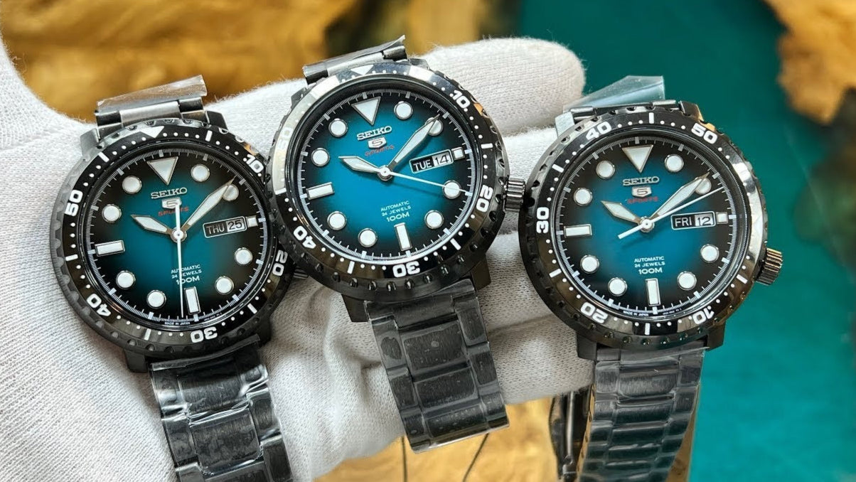 Seiko 5 Sports Automatic Turquoise Dial Grey Steel Strap Watch for Men - SRPC65J1