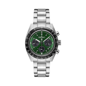 Seiko Prospex Speedtimer Solar Chronograph Green Dial Silver Steel Strap Watch for Men - SSC933