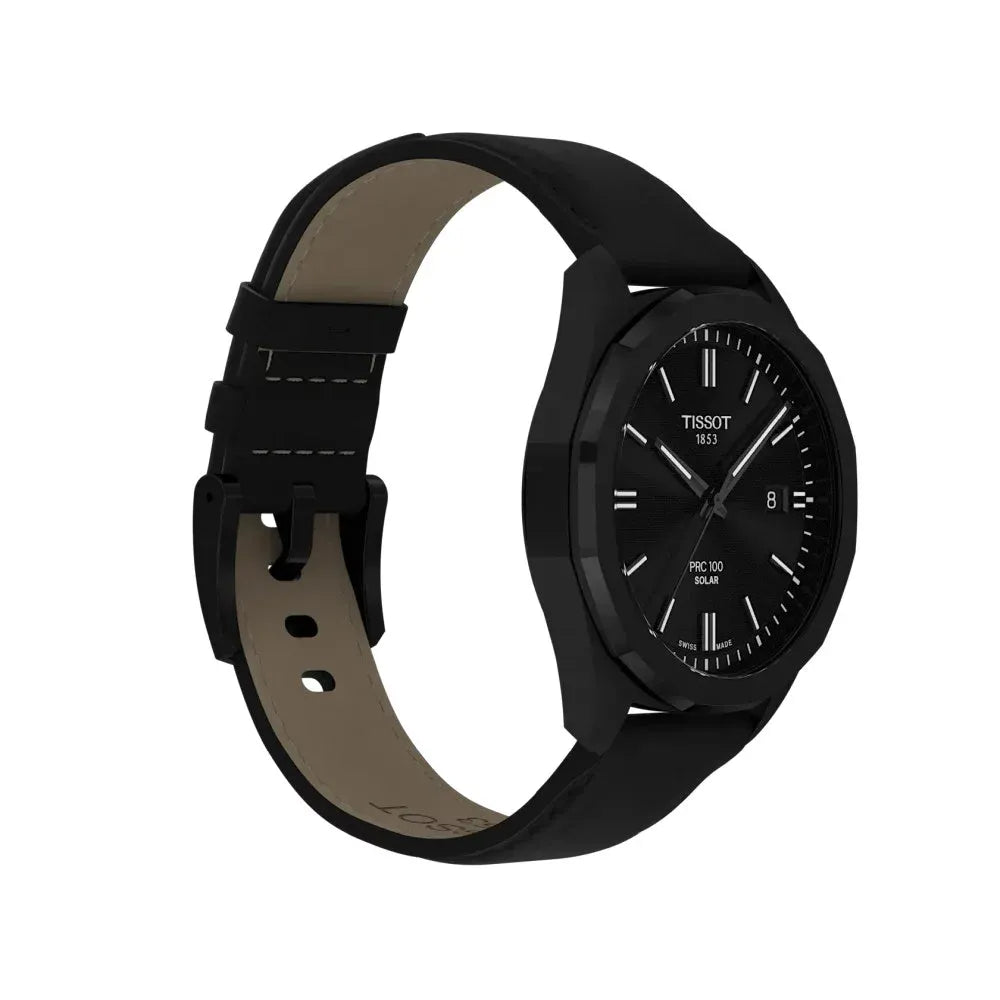 Tissot PRC 100 Solar Quartz Black Dial Black Leather Strap Watch for Men - T151.422.36.051.00