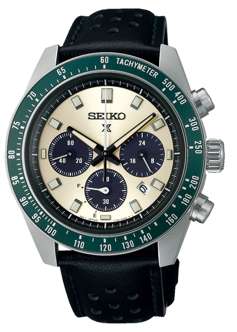 Seiko Prospex Speedtimer Solar Chronograph Ivory Dial Black Leather Strap Watch for Men - SSC943