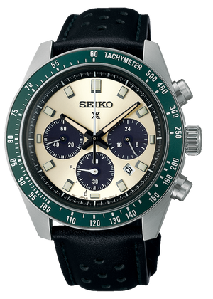 Seiko Prospex Speedtimer Solar Chronograph Ivory Dial Black Leather Strap Watch for Men - SSC943