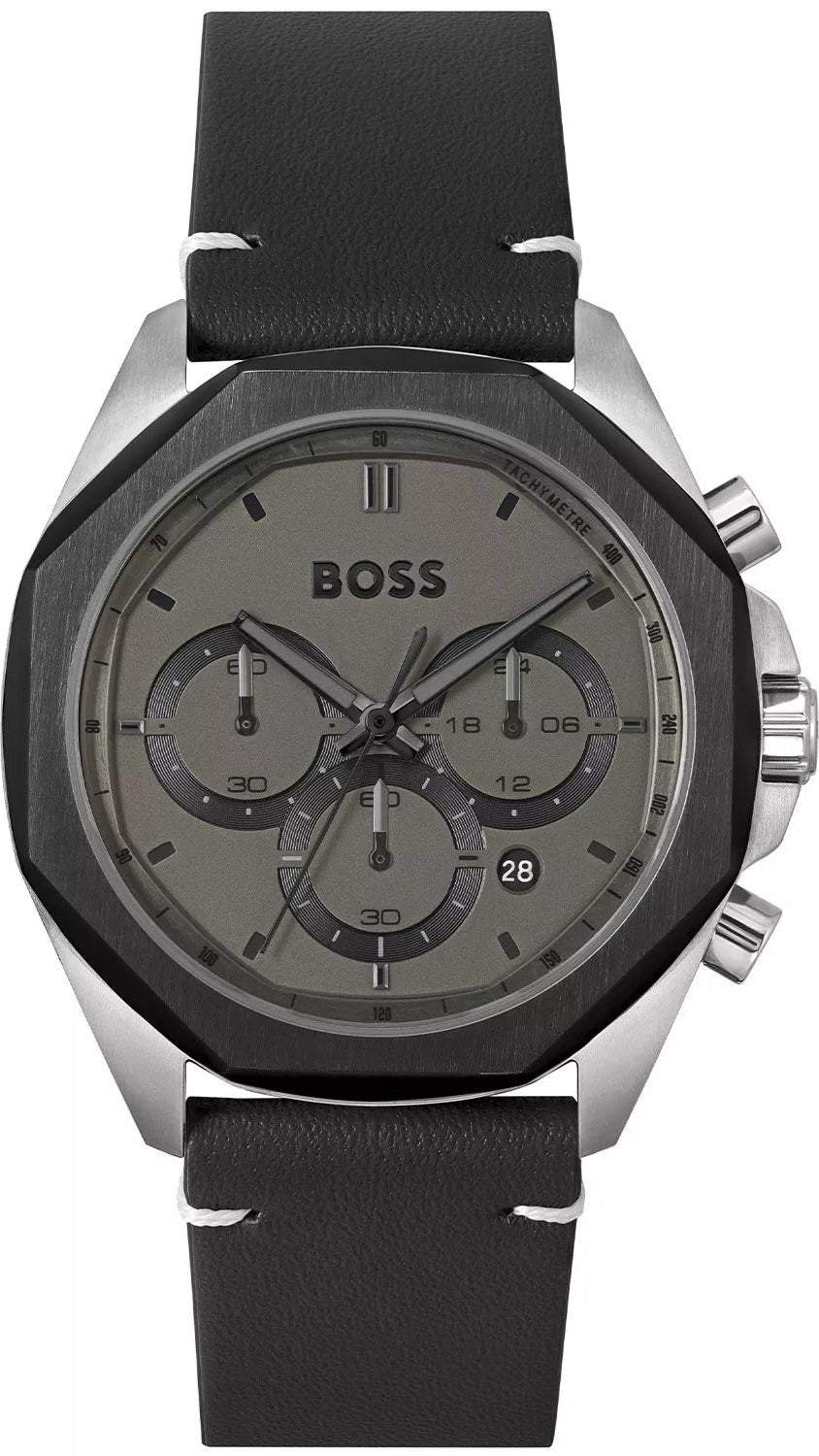 Hugo Boss Cloud Chronograph Grey Dial Black Leather Strap Watch for Men - 1514014
