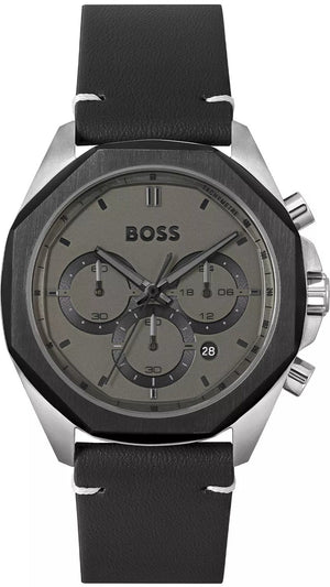 Hugo Boss Cloud Chronograph Grey Dial Black Leather Strap Watch for Men - 1514014