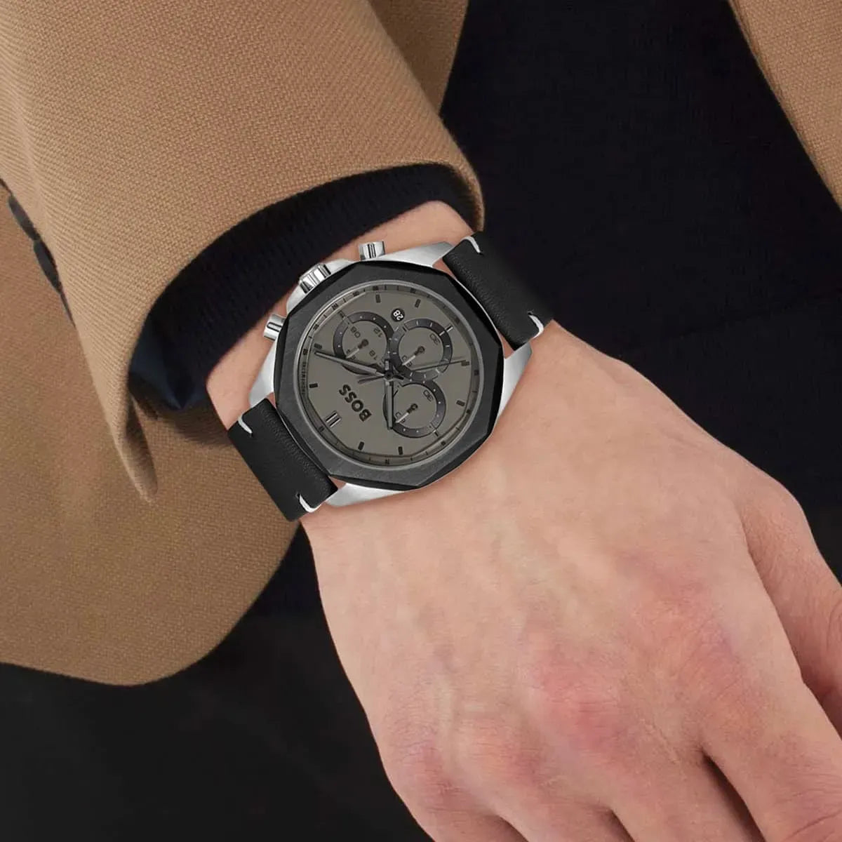 Hugo Boss Cloud Chronograph Grey Dial Black Leather Strap Watch for Men - 1514014