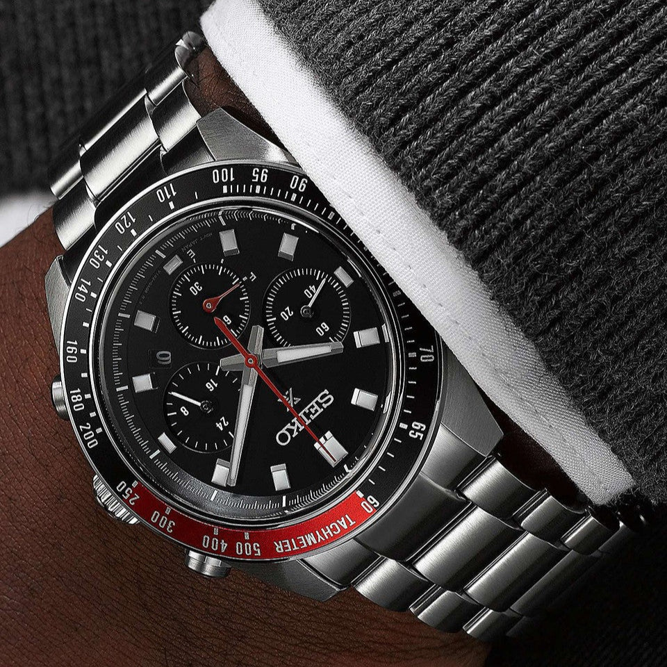 Seiko Prospex Speedtimer Solar Chronograph Black Dial Silver Steel Strap Watch for Men - SSC915