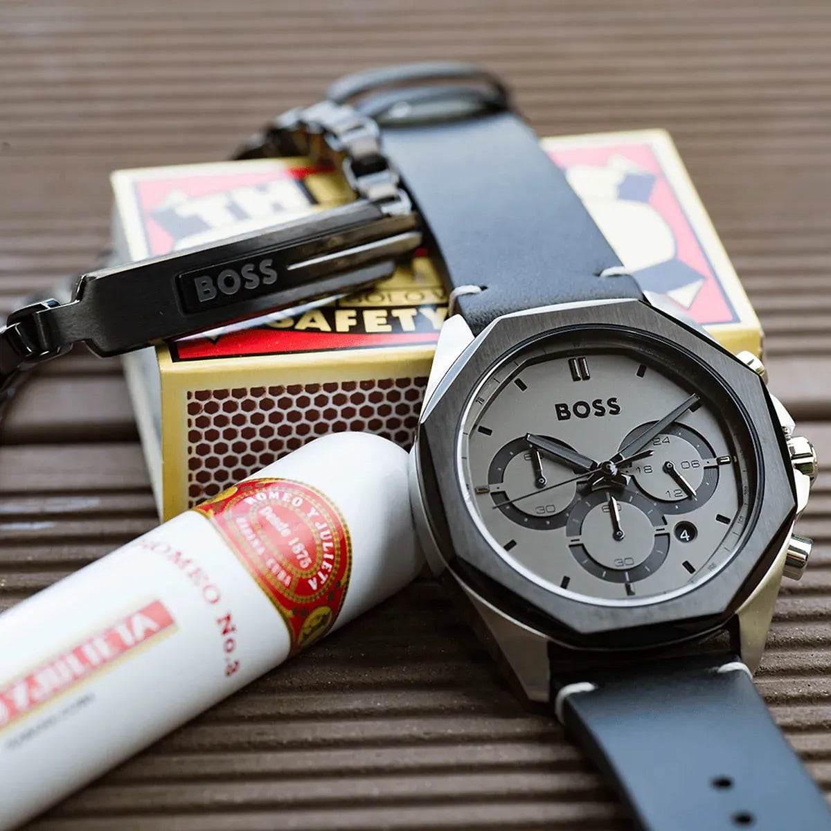 Hugo Boss Cloud Chronograph Grey Dial Black Leather Strap Watch for Men - 1514014