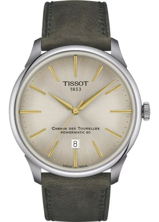 Tissot Chemin des Tourelles Automatic Powermatic 80 Ivory Dial Green Leather Strap Watch for Men - T139.407.16.261.00