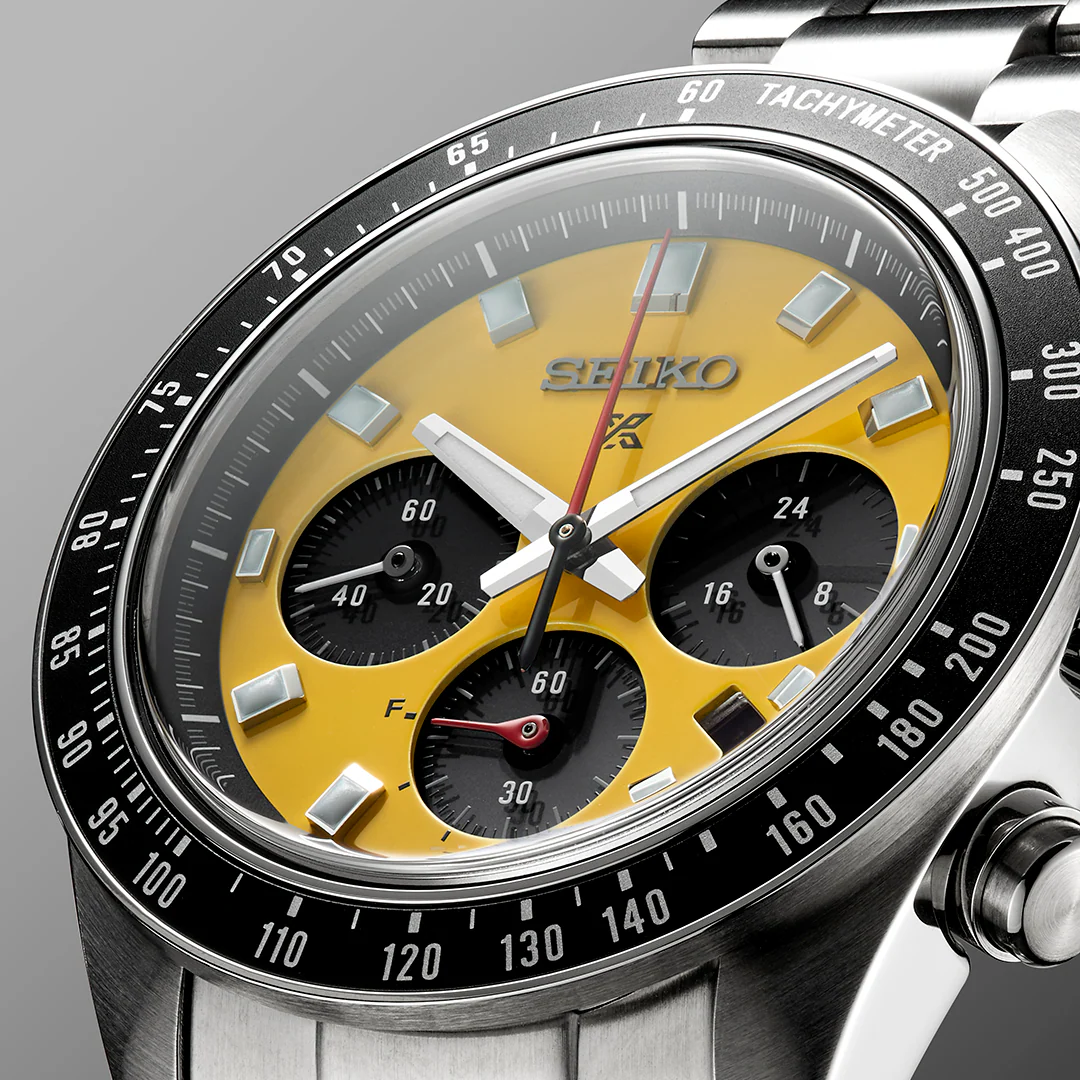 Seiko Prospex Speedtimer Solar Chronograph Yellow Dial Silver Steel Strap Watch for Men - SSC929