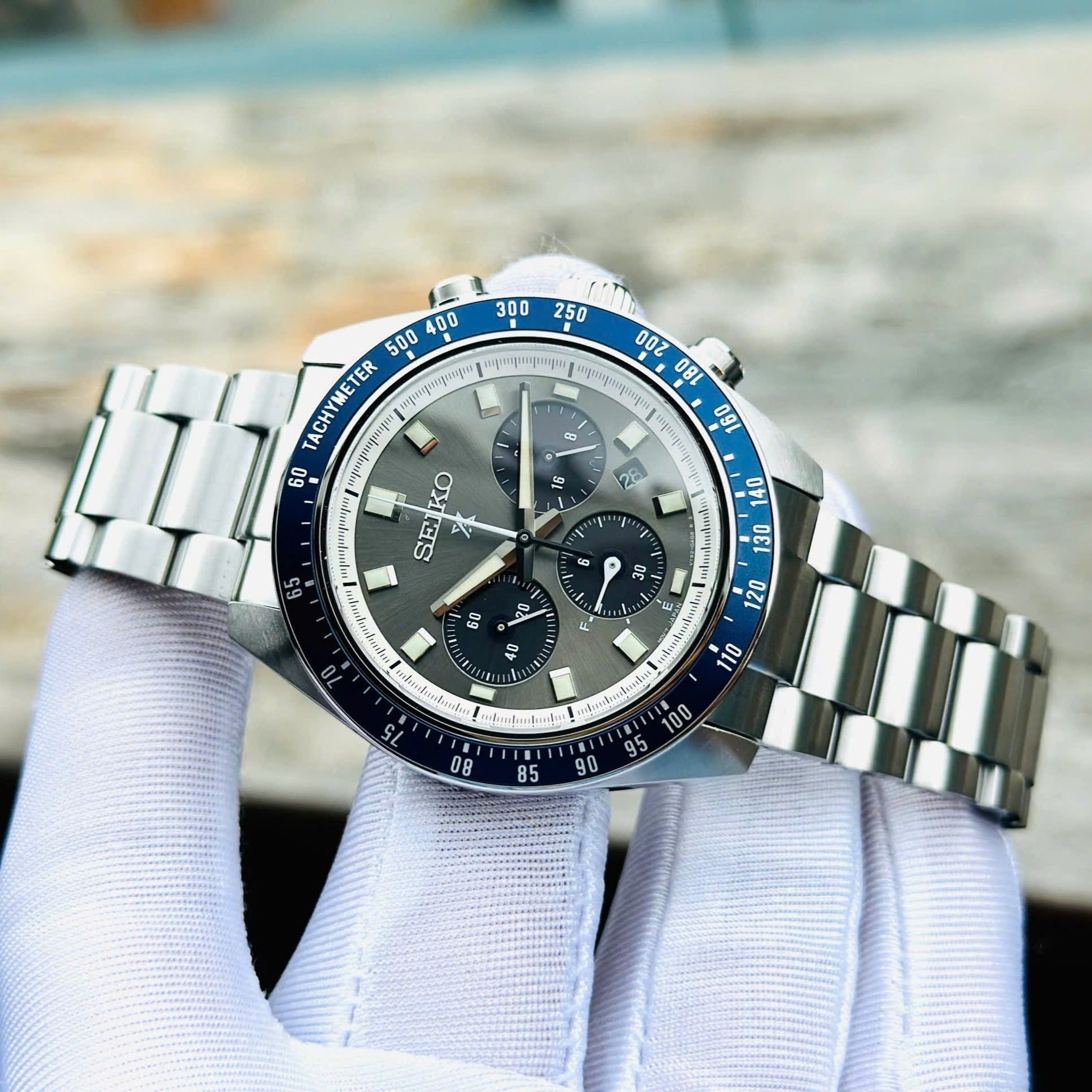 Seiko Prospex Speedtimer Solar Chronograph Grey Dial Silver Steel Strap Watch for Men - SSC939