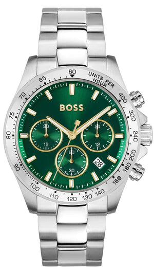 Hugo Boss Hero Chronograph Green Dial Silver Steel Strap Watch for Men - 1514217
